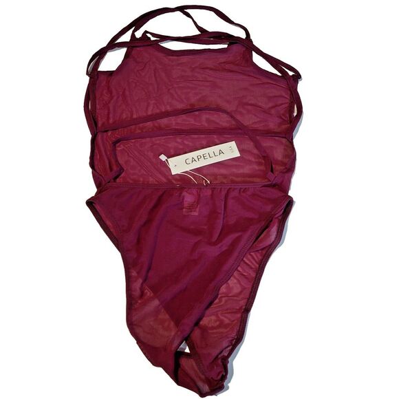 NEW Capella Medium Sheer Burgundy Bodysuit Soft Mesh Crisscross Back Holiday - Picture 8 of 9